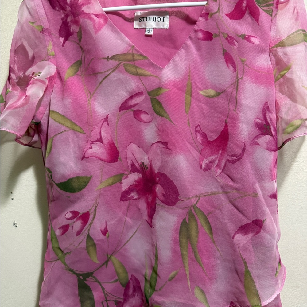 Studio I Pink Floral Women's Top and Skirt Set